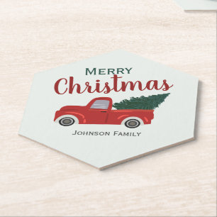 Red truck Christmas tree personalize Paper Coaster