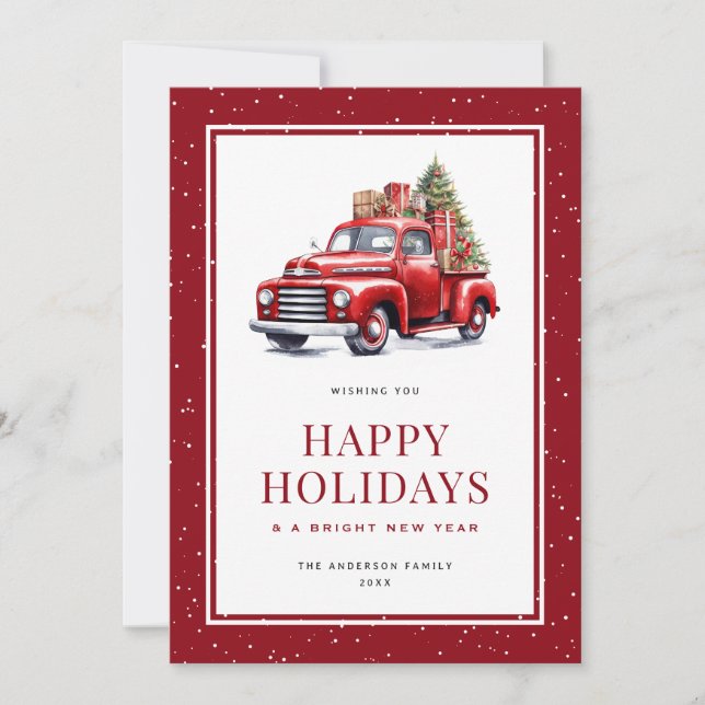 Red Truck Christmas Tree Snow Happy Holidays Card (Front)