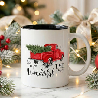 Red Truck Christmas Watercolor Tree And Elegant Two-Tone Coffee Mug