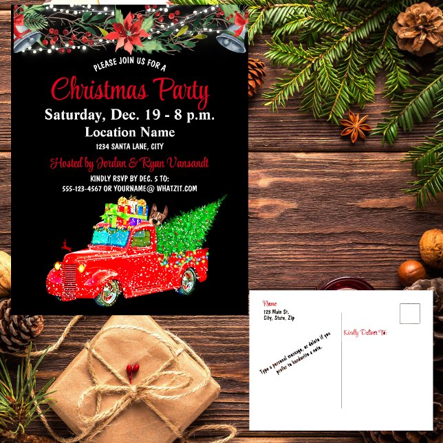 Red Truck, Dog, Botanical Christmas Party Postcard (Creator Uploaded)