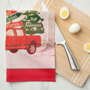 Red Truck Family Rustic Vintage Merry Christmas Tea Towel