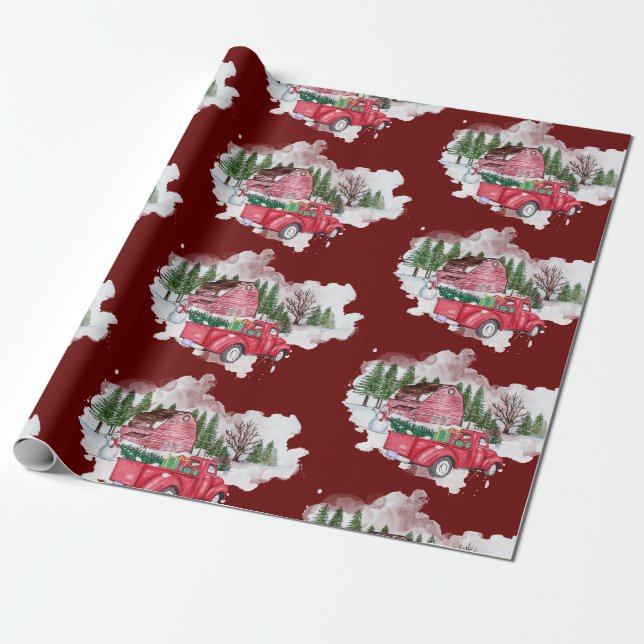 Red Truck Farmhouse Christmas Wrapping Paper (Unrolled)