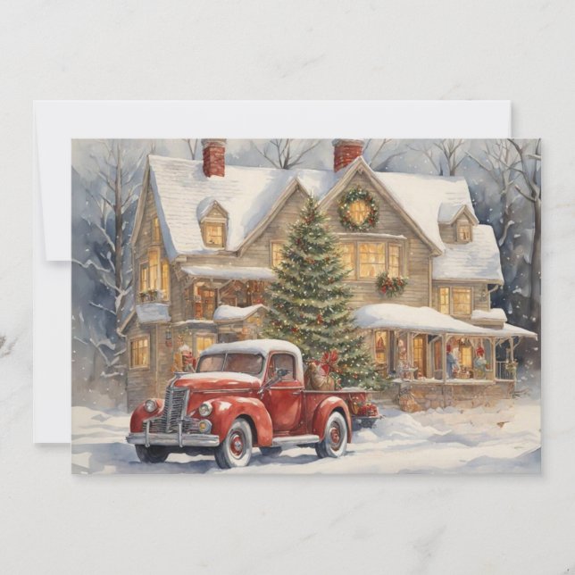 Red Truck Farmhouse Snow Winter Merry Christmas Holiday Card (Front)