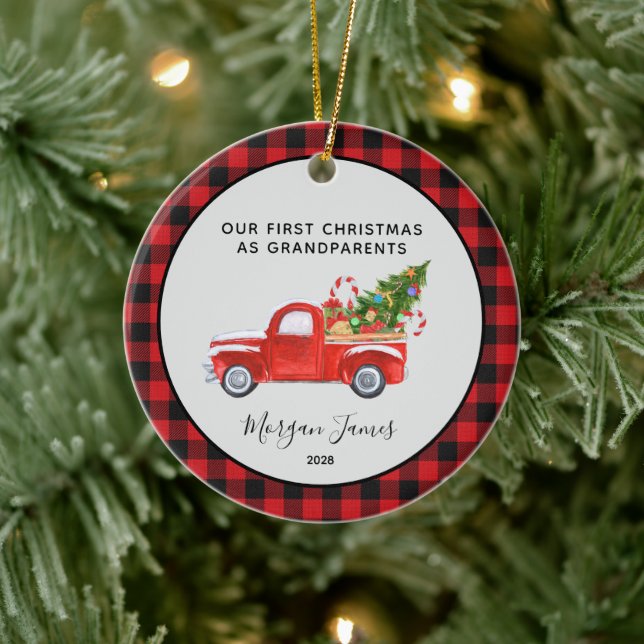 Red Truck First Christmas as. Grandparents Photo Ceramic Tree Decoration (Tree)