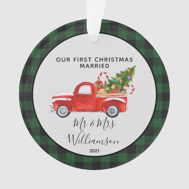 Red Truck First Christmas Married Buffalo Plaid  Ornament (Front)