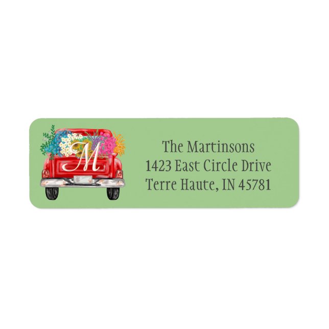 Red Truck Flowers Custom Monogram Return Address  (Front)