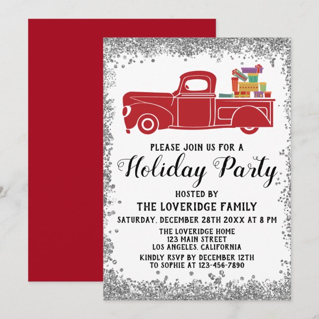 Red Truck Gifts Christmas Holiday Party Silver Invitation (Front/Back)