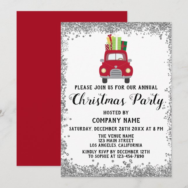 Red Truck Gifts Company Christmas Party Silver Invitation (Front/Back)