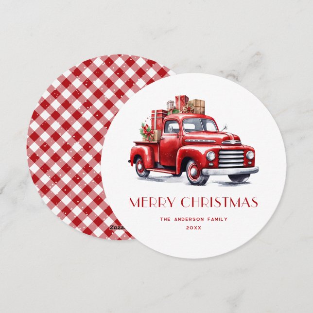Red Truck Gifts Snow Plaid Merry Christmas Card (Front/Back)