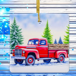 Red Truck Hauling Firewood Personalised Christmas Ceramic Ornament<br><div class="desc">Vintage red truck with snow covered pine trees in the background on a snowy day bringing home firewood for a toasty fireside holiday Christmas ornament.</div>