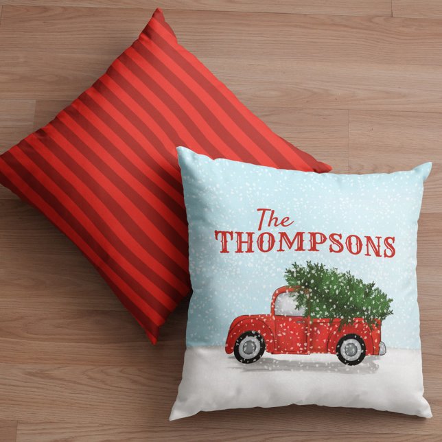 Red Truck in Snow Rustic Personalized Name Holiday Cushion (Holiday rustic red truck custom throw pillow)