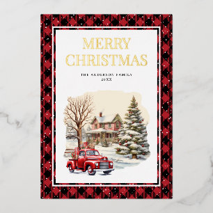 Red Truck Merry Christmas Buffalo Plaid Gold