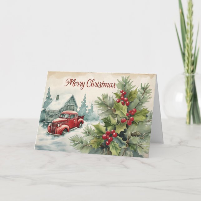 Red Truck Merry Christmas Folded Holiday Card (Front)