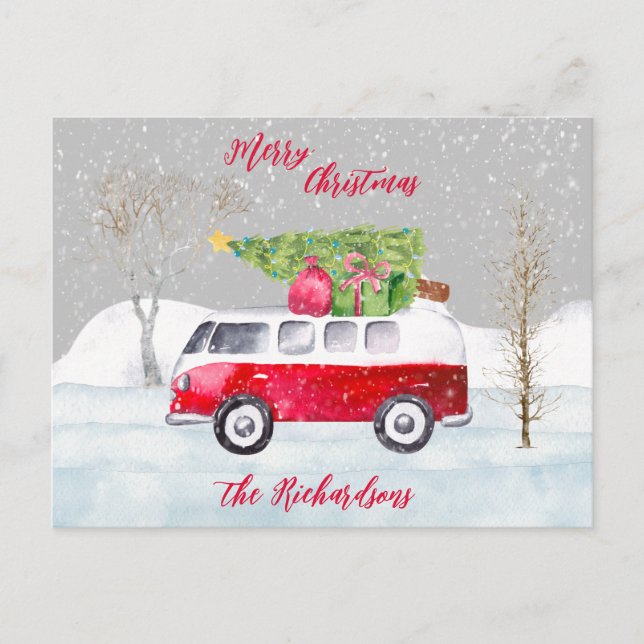 Red Truck Merry Christmas Grey Postcard (Front)