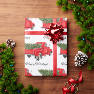 Red Truck Merry Christmas Happy Holidays Xmas Wrapping Paper