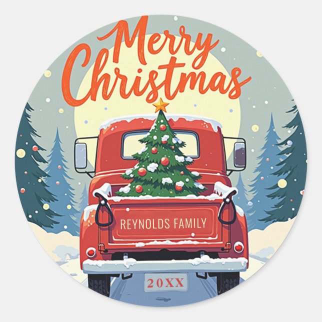 Red Truck Merry Christmas Round Sticker (Front)