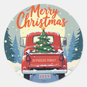 Red Truck Merry Christmas Round Sticker
