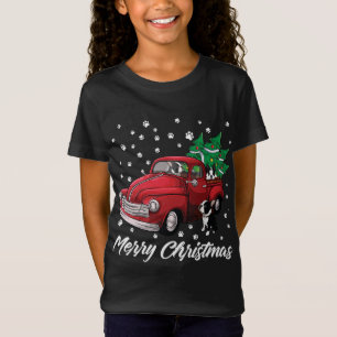 Red Truck Merry Christmas Tree Boston Terrier Dog  T-Shirt