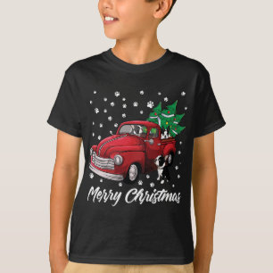 Red Truck Merry Christmas Tree Boston Terrier Dog  T-Shirt
