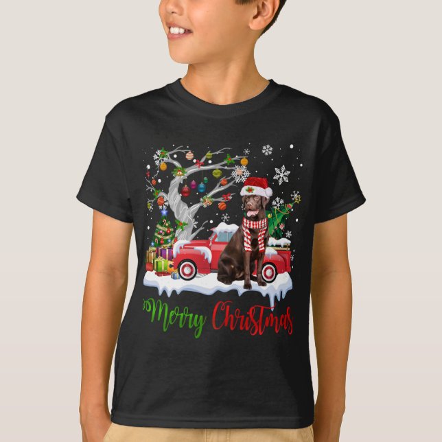 Red Truck Merry Christmas Tree Chocolate Labrador  T-Shirt (Front)