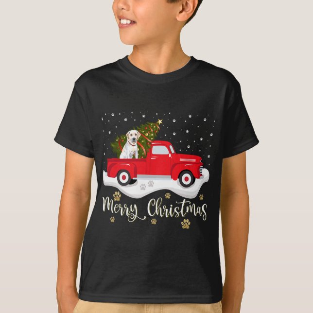 Red Truck Merry Christmas Tree Labrador Retriever  T-Shirt (Front)