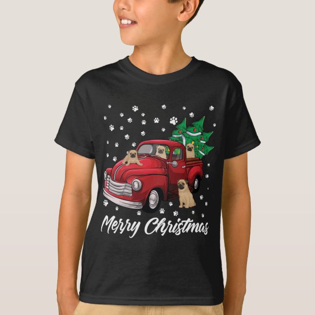 Red Truck Merry Christmas Tree Pug Dog Christmas T-Shirt (Front)