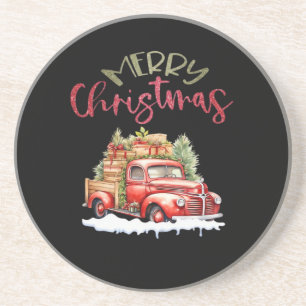 Red Truck Merry Christmas Tree Santa Cute Vintage Coaster