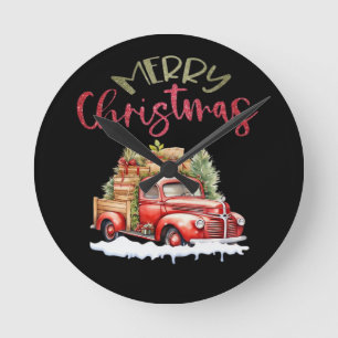 Red Truck Merry Christmas Tree Santa Cute Vintage Round Clock