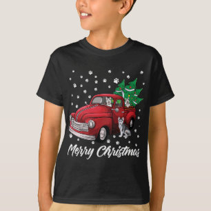 Red Truck Merry Christmas Tree Siberian Husky Dog  T-Shirt