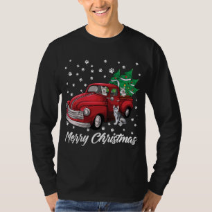 Red Truck Merry Christmas Tree Siberian Husky Dog T-Shirt
