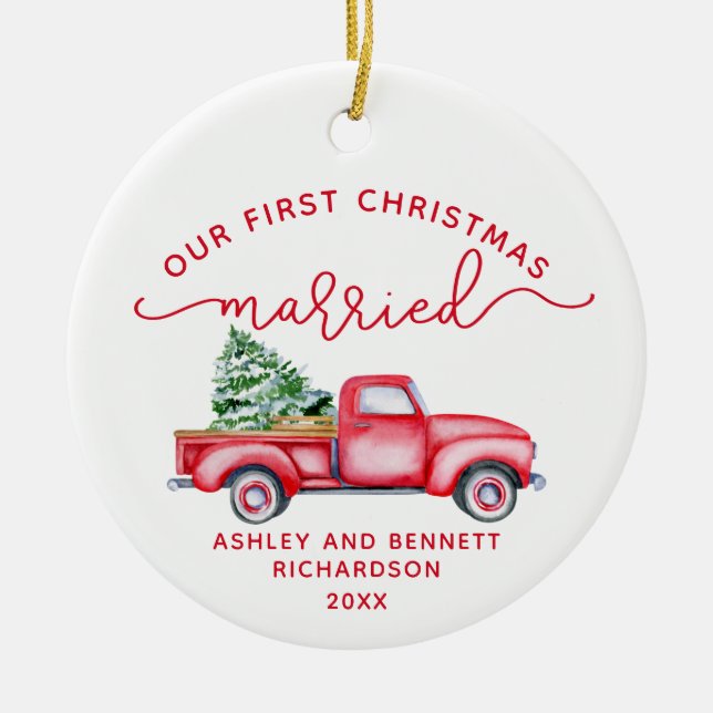 Red Truck Our First Christmas Married Photo  Ceramic Tree Decoration (Front)