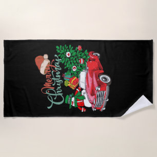 Red Truck Pickup Christmas Tree Merry Christmas Sn Beach Towel