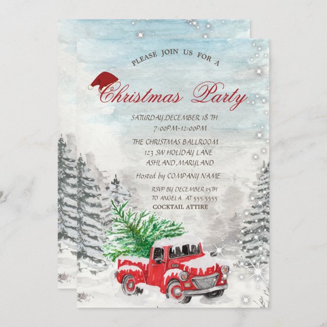 Red Truck Pine Tree Forest Christmas  Invitation (Front/Back)