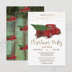 Red Truck Pine Tree,Lights Wood Christmas Party Invitation