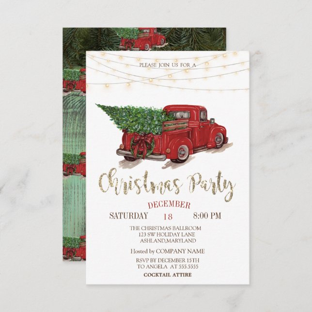 Red Truck Pine Tree,Lights Wood Christmas Party Invitation (Front/Back)