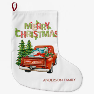 Red Truck Pine Tree Merry Christmas-Personalised Large Christmas Stocking