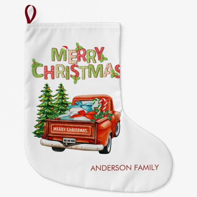 Red Truck Pine Tree Merry Christmas-Personalised Large Christmas Stocking (Front)