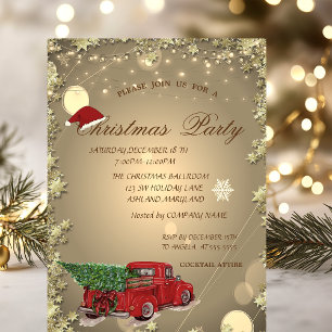 Red Truck Pine Tree,Santa Hat Christmas Party Invitation