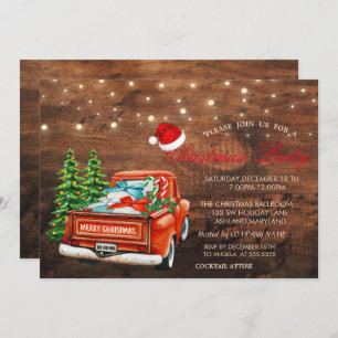 Red Truck Pine Trees,Lights Wood Christmas Party Invitation