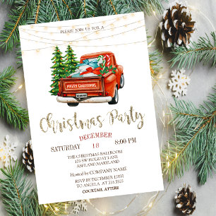 Red Truck Pine Trees,Lights Wood Christmas Party Invitation