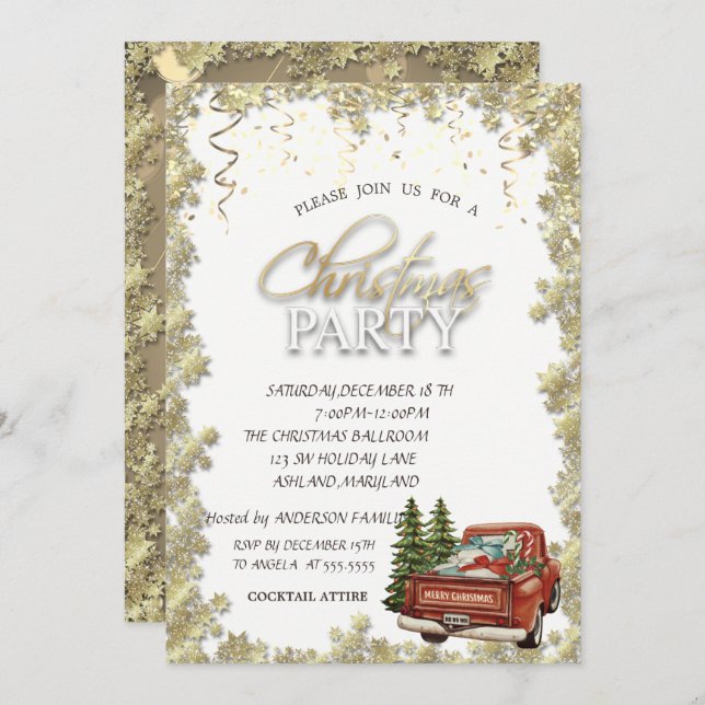 Red Truck Pine TreeS,Stars Christmas Party Invitation (Front/Back)