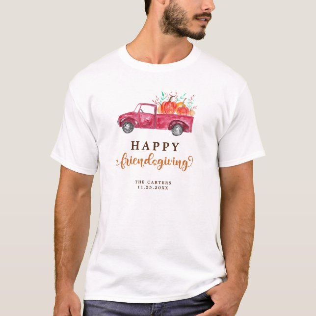 Red Truck Pumpkin Friendsgiving Fall Script Cute T-Shirt (Front)