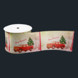 Red Truck Retro Vintage Merry Christmas Ribbon Satin Ribbon<br><div class="desc">Vintage retro red Christmas truck carrying a Christmas tree with Merry Christmas greeting in modern typography.</div>