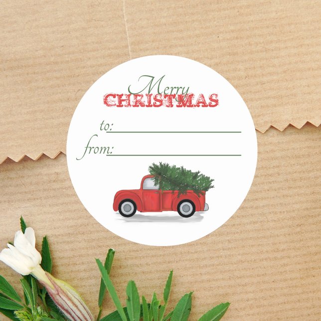 Red Truck Rustic Christmas Tree To From Cute Classic Round Sticker (Merry Christmas Rustic red truck watercolor to and from gift sticker. )