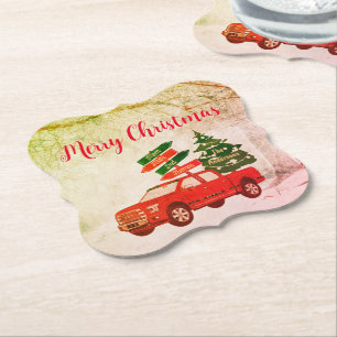 Red Truck Rustic Vintage Merry Christmas Party Paper Coaster