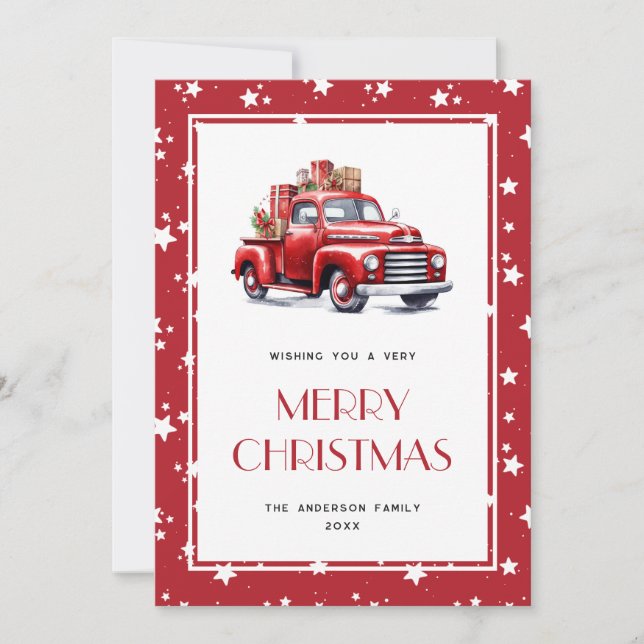 Red Truck Snow Stars Merry Christmas Cards (Front)
