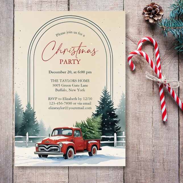 Red Truck Snowy Pine Trees Rustic Christmas Party Invitation (Personalized Rustic Christmas Party Invitation – Red Vintage Truck, Snowy Pine Trees & Arch Frame)