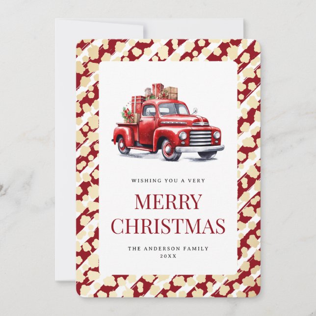 Red Truck Stripes Stars Merry Christmas Holiday Card (Front)
