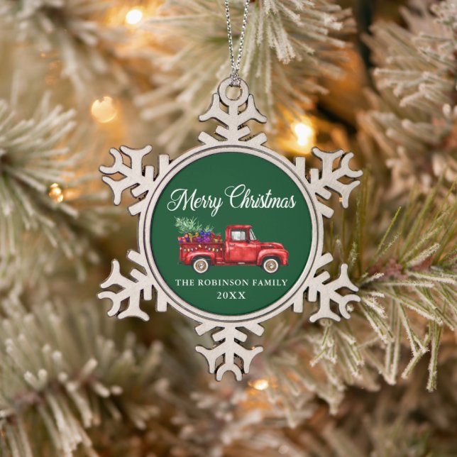 Red Truck Tree Gifts Merry Christmas Name Year Snowflake Pewter Christmas Ornament (Tree)