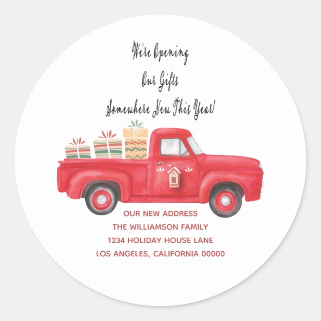Red Truck We've Moved  Home Holiday New Address Classic Round Sticker (Front)